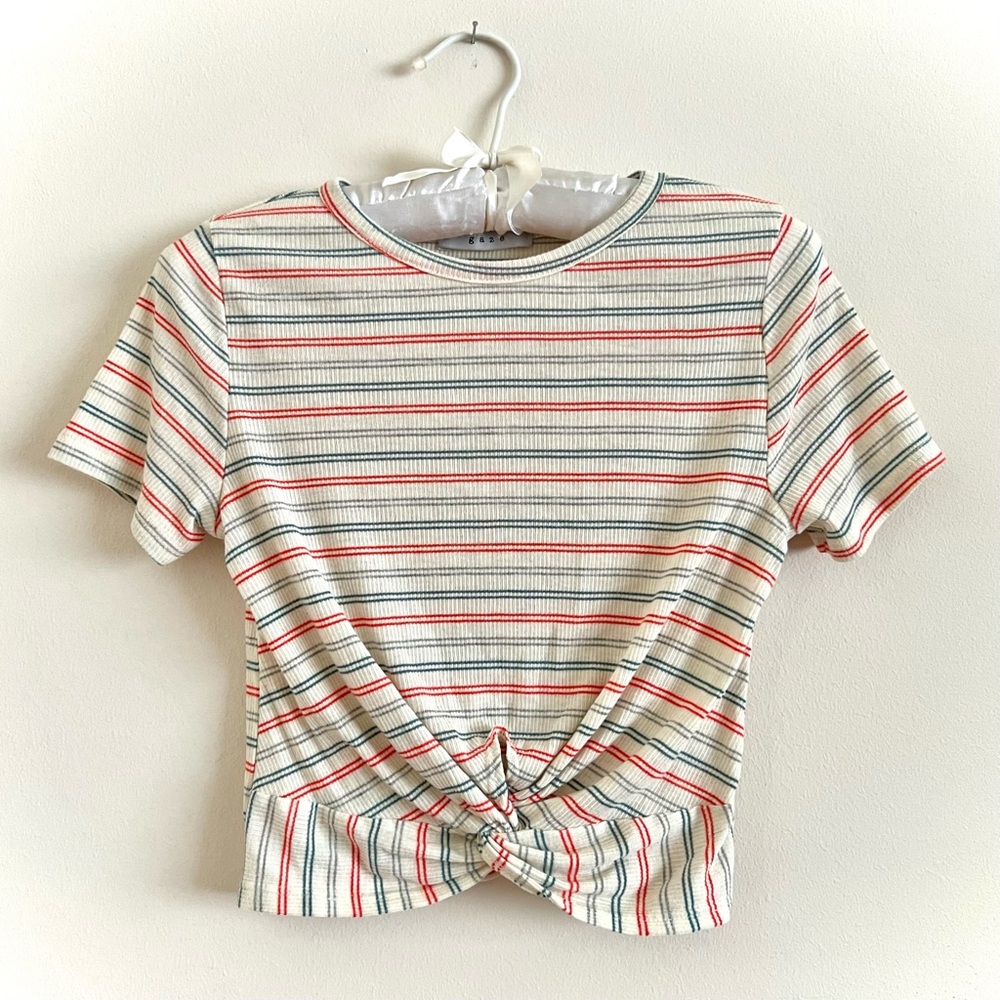 Gaze Short Sleeved Crop Top Front Twist Knot Orange Grey Green Stripes Juniors S